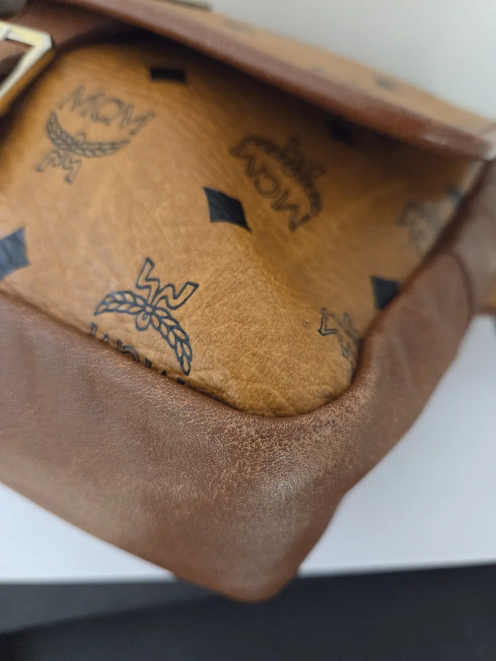 MCM Cognac Logo Flap Messenger Bag With Buckle - Cognac Visetos